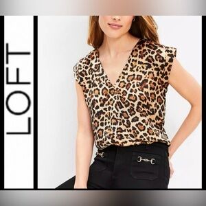 LOFT Leopard Print V-Neck Cap Sleeve Blouse - Tan, Black, Brown